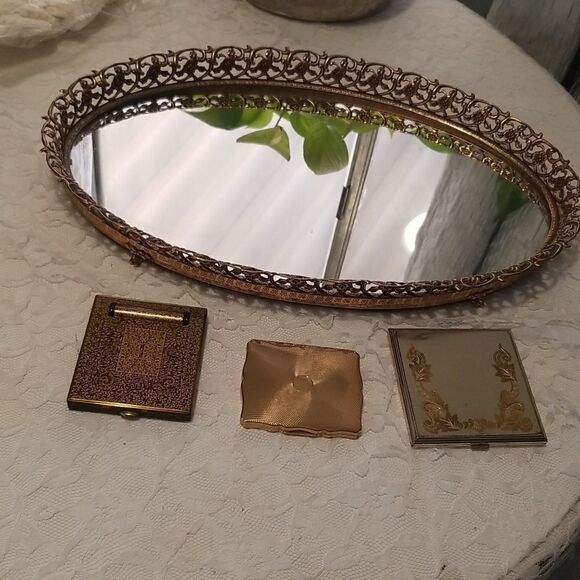 Mid Century Grandma's Vanity Items Gold Ornate Lipstick Holder Powder - Picture 1 of 17